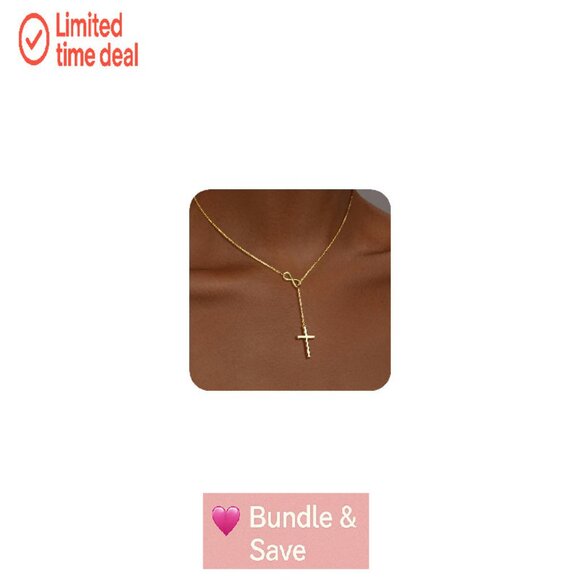 Dainty 14K Gold Filled Cross Infinity Necklace, 16" Chain with Extension - Picture 1 of 8